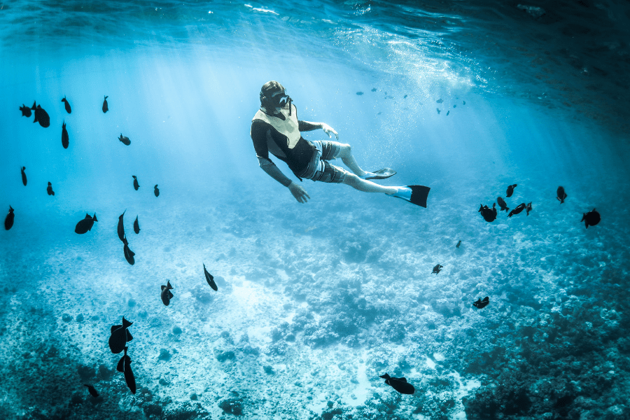 Person scuba diving, allegory of immersion in a foreign language.