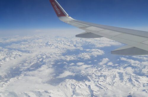 View from the plane overlooking the snowy Alps