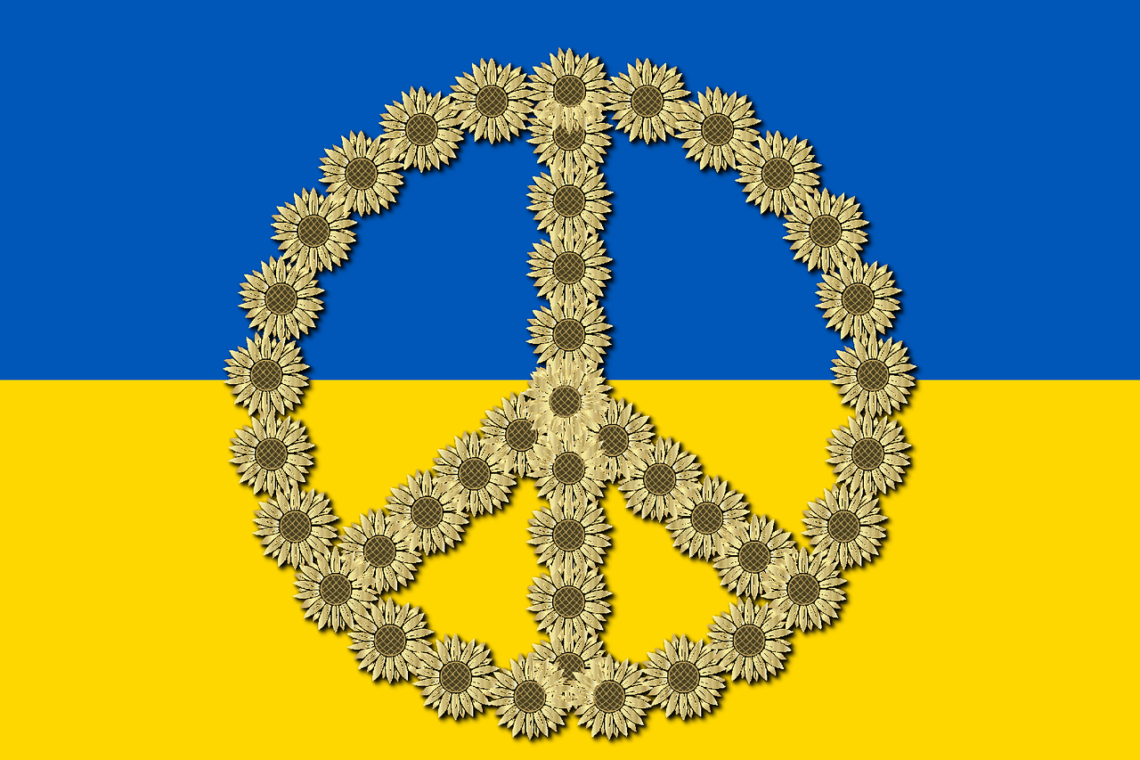 Flag of Ukraine and symbol of peace for refugees