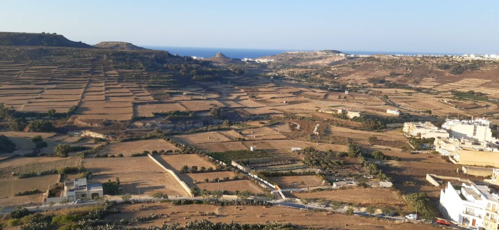 Panoramic view of the countryside in Malta in summer: it’s dry.