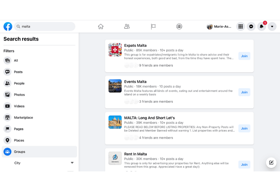 Screenshot of groups about Malta